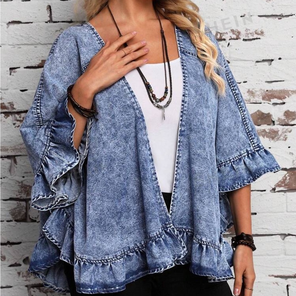 LUNE Women's Denim Jacket With Ruffle Edge Detail - Picture 3 of 4